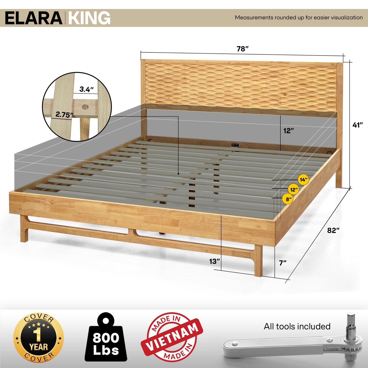 Elara Solid Wood Bed Frame