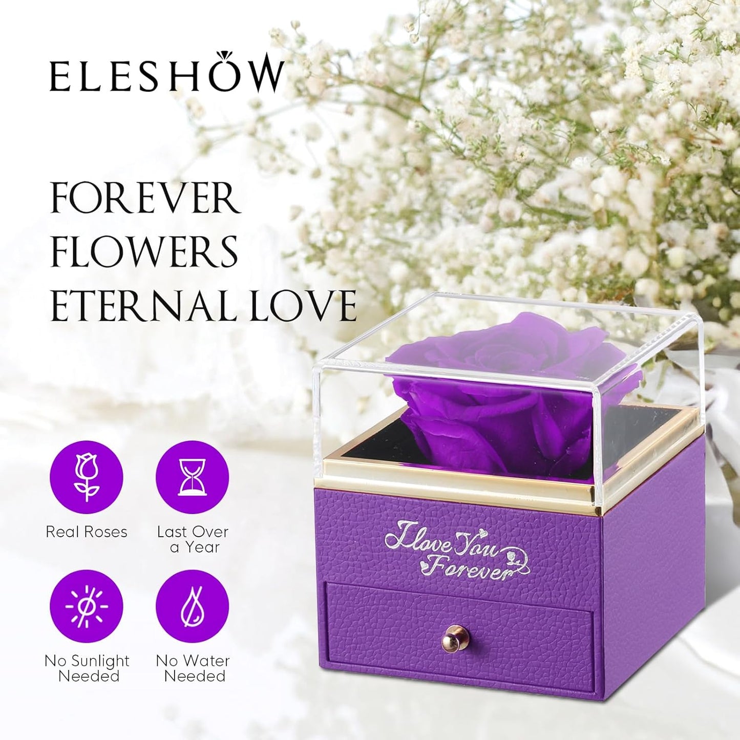 Preserved Real Rose with Heart Necklace, Eternal Flowers I Love You Gifts for Mom Grandma Wife Girlfriend on Mothers Day, Christmas, Valentines, Anniversary, Birthday Gifts for Women, Purple
