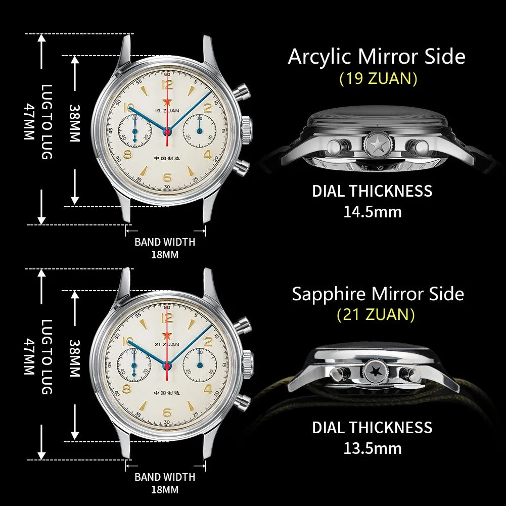 38Mm Men'S 1963 Chronograph Mechanical Watch Pilot with Seagull Movement ST1901 Air Force Aviation Sapphire Goose 40Mm