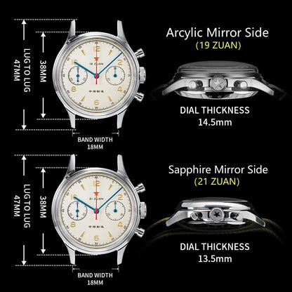 38Mm Men'S 1963 Chronograph Mechanical Watch Pilot with Seagull Movement ST1901 Air Force Aviation Sapphire Goose 40Mm