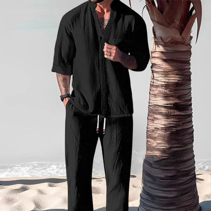 Men’S Linen Two-Piece Shirt and Relaxed Trousers Set