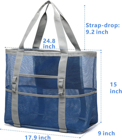 Mesh Beach Bag Family - Large Tote Bag 9 Pockets for Swim Pool Toys Cruise Beach Vacation Essentials