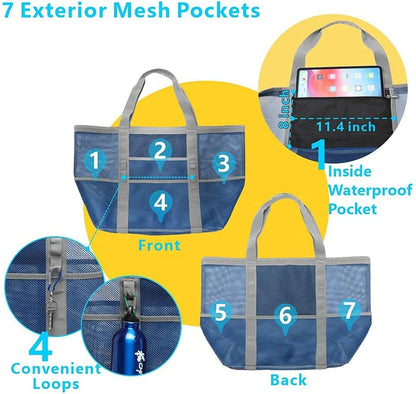 Mesh Beach Bag Family - Large Tote Bag 9 Pockets for Swim Pool Toys Cruise Beach Vacation Essentials