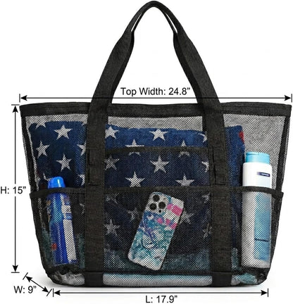 Mesh Beach Bag Family - Large Tote Bag 9 Pockets for Swim Pool Toys Cruise Beach Vacation Essentials