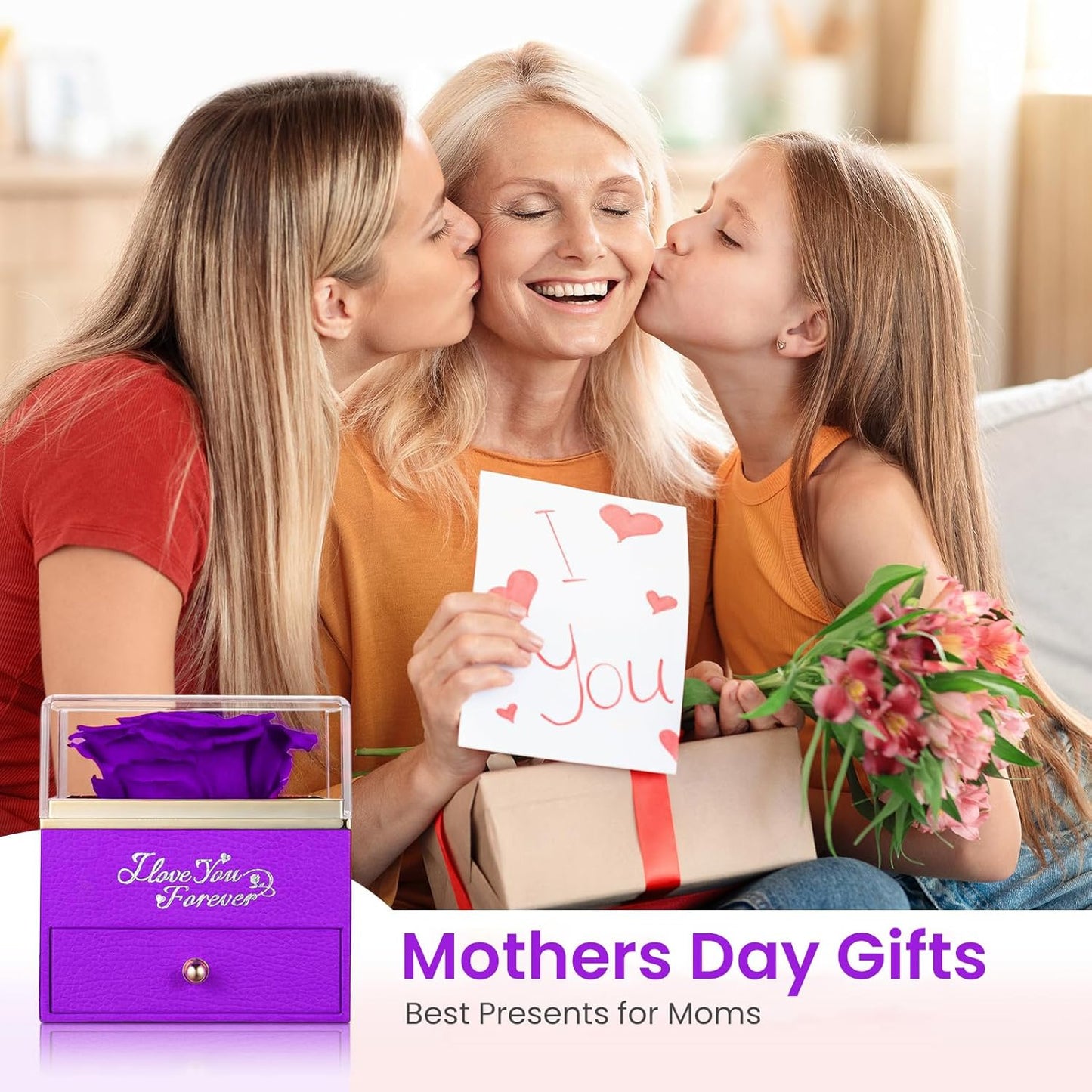 Preserved Real Rose with Heart Necklace, Eternal Flowers I Love You Gifts for Mom Grandma Wife Girlfriend on Mothers Day, Christmas, Valentines, Anniversary, Birthday Gifts for Women, Purple