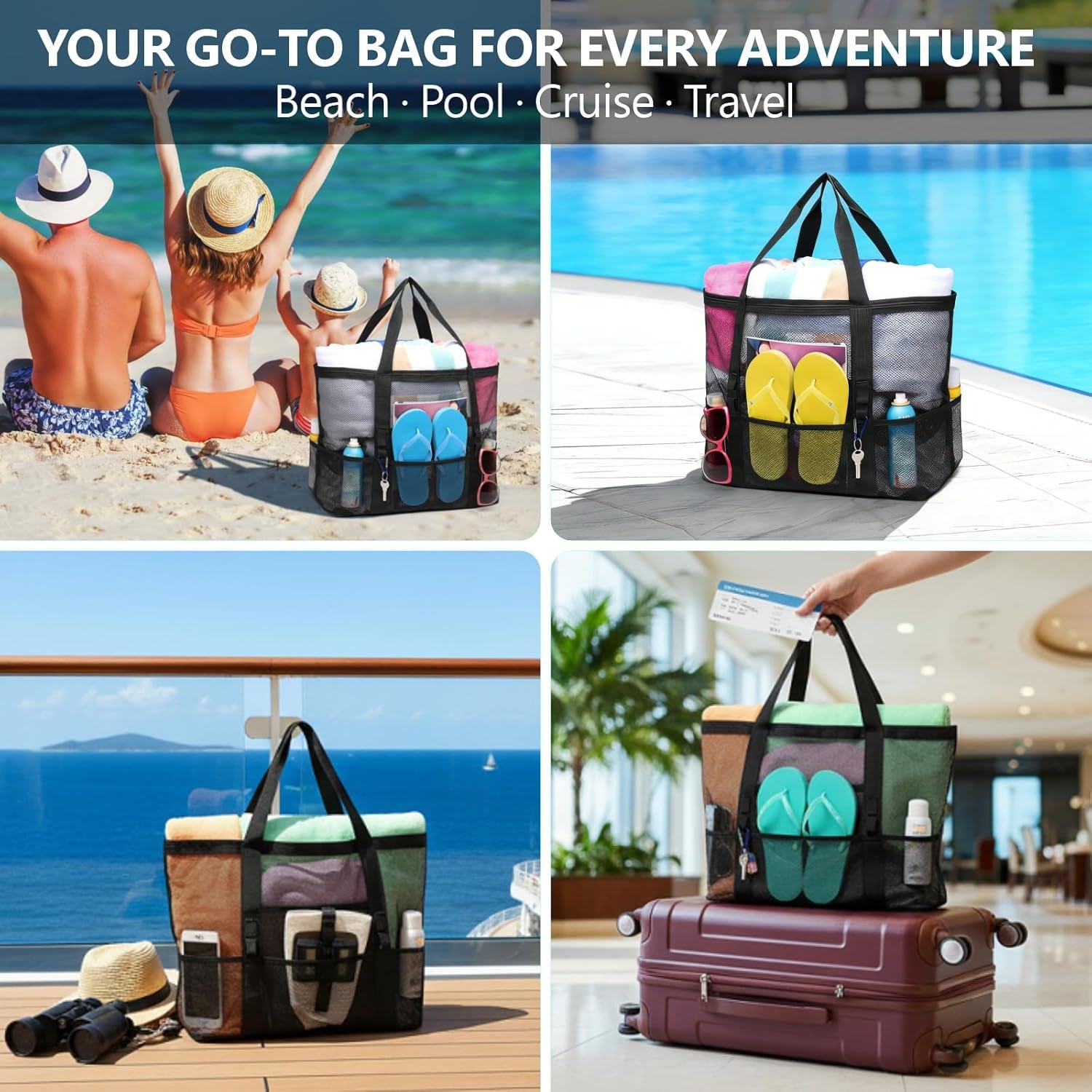 Mesh Beach Bag Family - Large Tote Bag 9 Pockets for Swim Pool Toys Cruise Beach Vacation Essentials