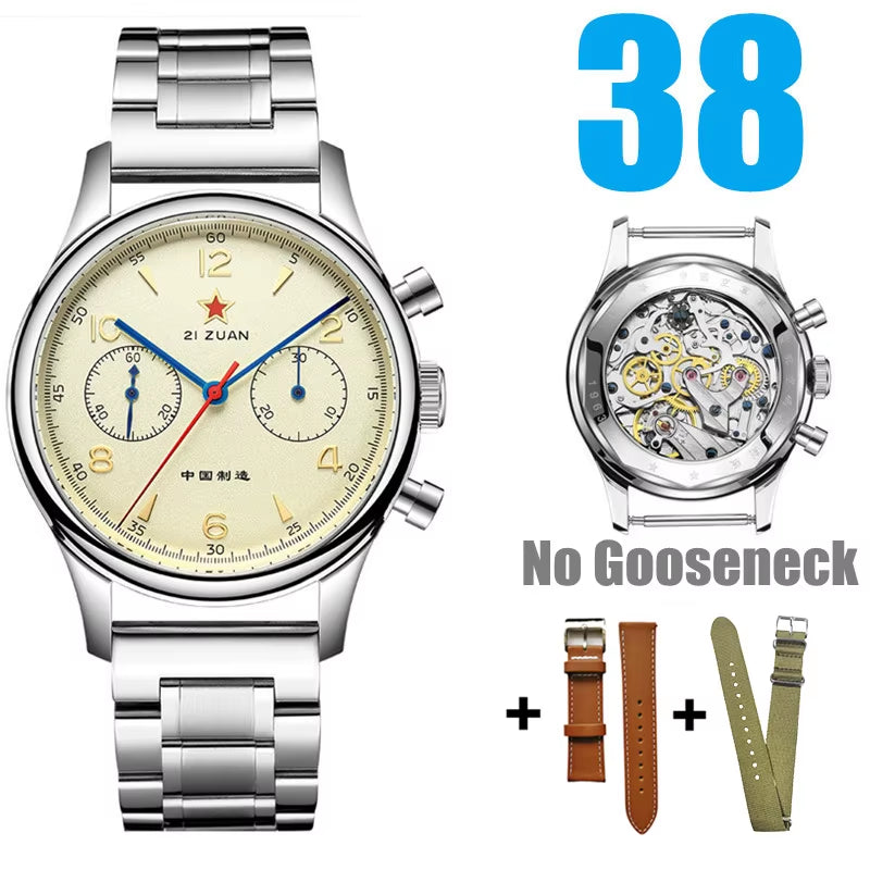 38Mm Men'S 1963 Chronograph Mechanical Watch Pilot with Seagull Movement ST1901 Air Force Aviation Sapphire Goose 40Mm