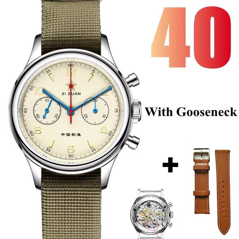 38Mm Men'S 1963 Chronograph Mechanical Watch Pilot with Seagull Movement ST1901 Air Force Aviation Sapphire Goose 40Mm