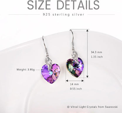 Austrian Crystal Heart Dangle Earrings Sterling Silver Heart Earrings Christmas Birthday Anniversary Jewelry Gifts for Women Wife