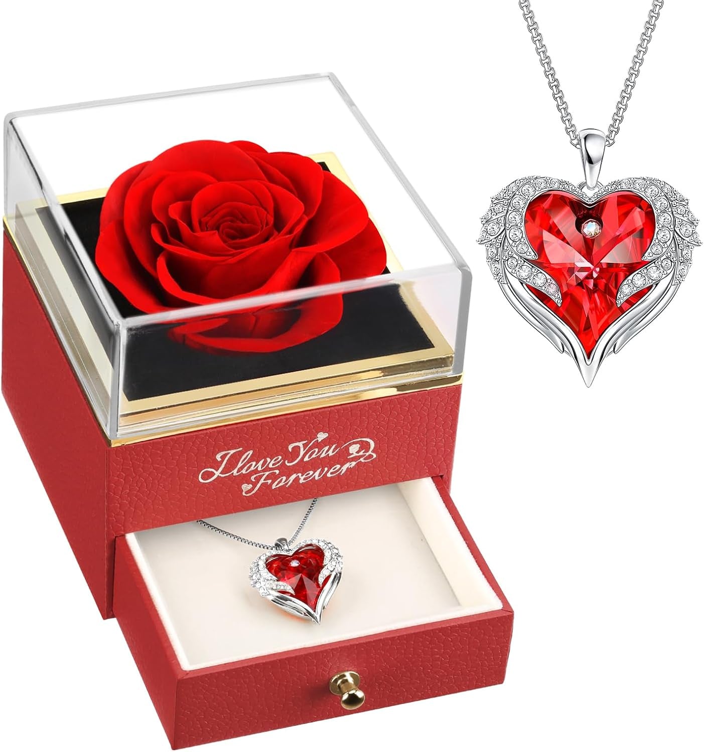Preserved Real Red Rose with Angle Wings Necklace, Anniversary Birthday Gifts for Women, Wife Girlfriend Mom Gift Ideas for Christmas Mother'S Day Valentine'S Day, I Love You Gifts for Her