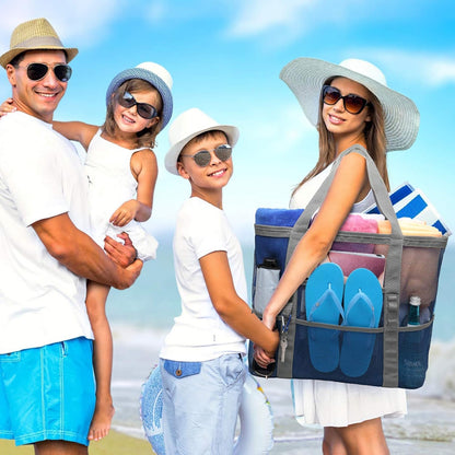 Mesh Beach Bag Family - Large Tote Bag 9 Pockets for Swim Pool Toys Cruise Beach Vacation Essentials