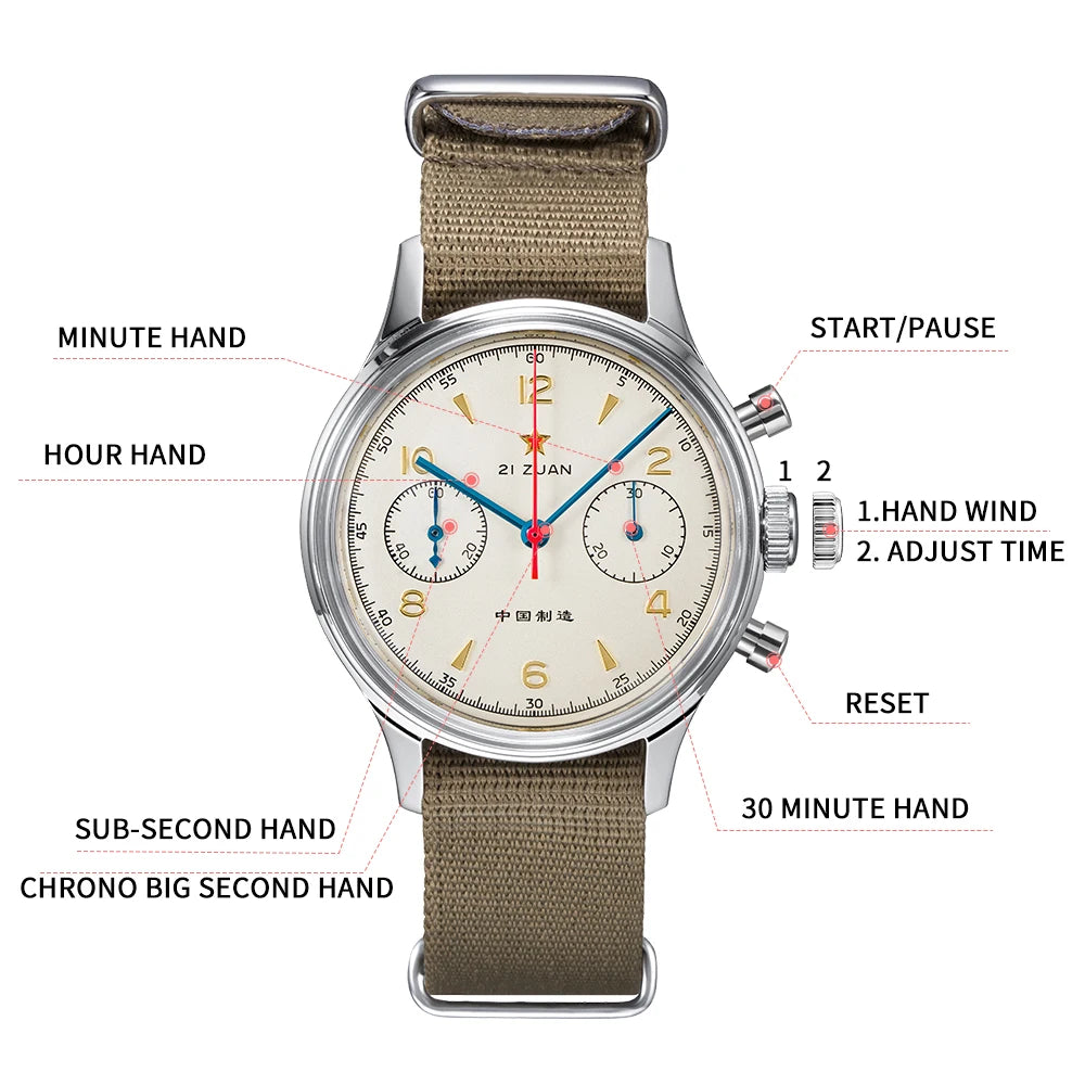 38Mm Men'S 1963 Chronograph Mechanical Watch Pilot with Seagull Movement ST1901 Air Force Aviation Sapphire Goose 40Mm