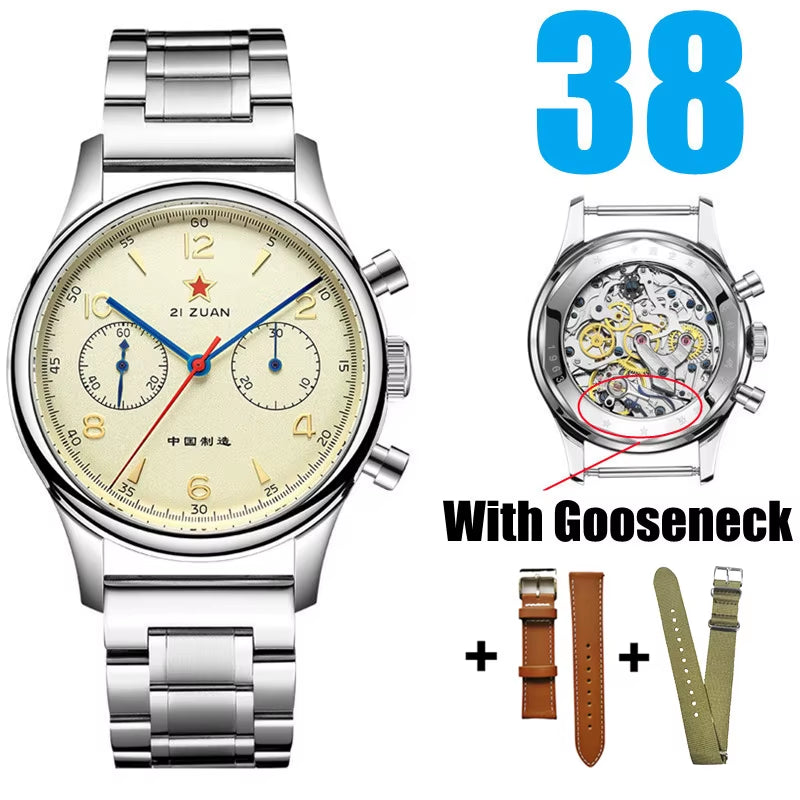 38Mm Men'S 1963 Chronograph Mechanical Watch Pilot with Seagull Movement ST1901 Air Force Aviation Sapphire Goose 40Mm