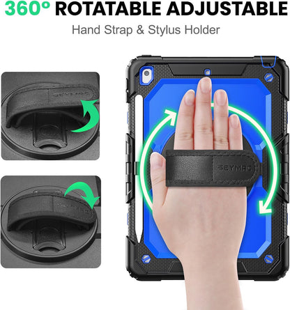 for Ipad 9Th/8Th/7Th Generation Case 10.2" 2021-2019, Full-Body Shockproof Heavy Duty Protective Case with Screen Protector, Rotating Stand/Handle/Shoulder Strap for Ipad 10.2, Black/Blue
