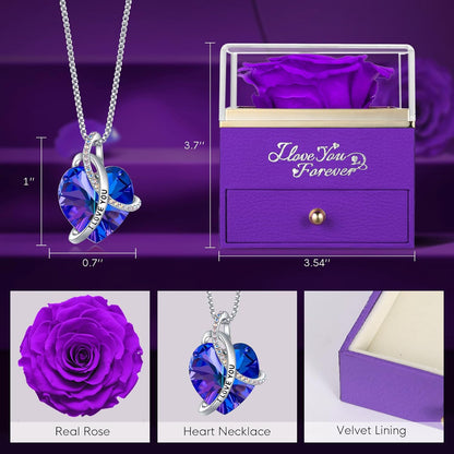 Preserved Real Rose with Heart Necklace, Eternal Flowers I Love You Gifts for Mom Grandma Wife Girlfriend on Mothers Day, Christmas, Valentines, Anniversary, Birthday Gifts for Women, Purple
