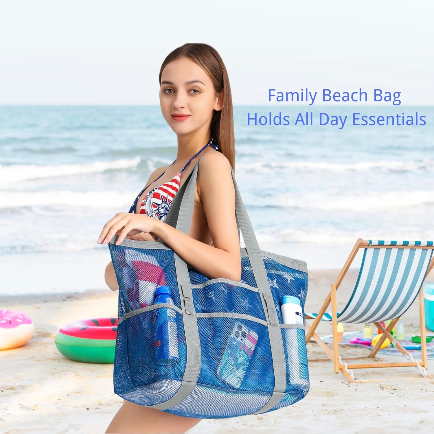 Mesh Beach Bag Family - Large Tote Bag 9 Pockets for Swim Pool Toys Cruise Beach Vacation Essentials