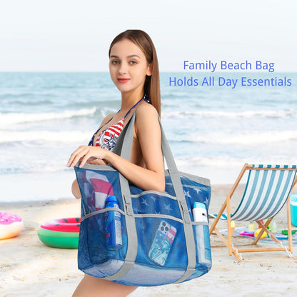 Mesh Beach Bag Family - Large Tote Bag 9 Pockets for Swim Pool Toys Cruise Beach Vacation Essentials