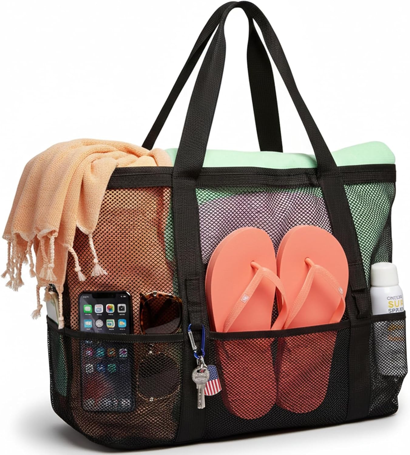 Mesh Beach Bag Family - Large Tote Bag 9 Pockets for Swim Pool Toys Cruise Beach Vacation Essentials