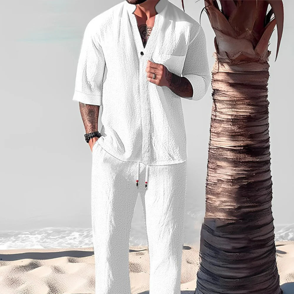 Men’S Linen Two-Piece Shirt and Relaxed Trousers Set