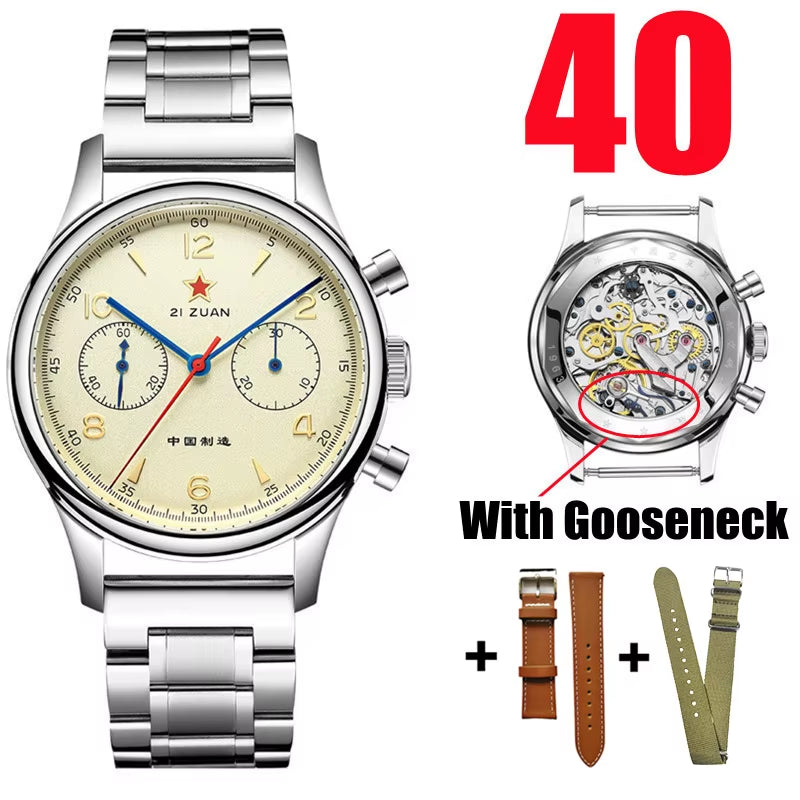 38Mm Men'S 1963 Chronograph Mechanical Watch Pilot with Seagull Movement ST1901 Air Force Aviation Sapphire Goose 40Mm