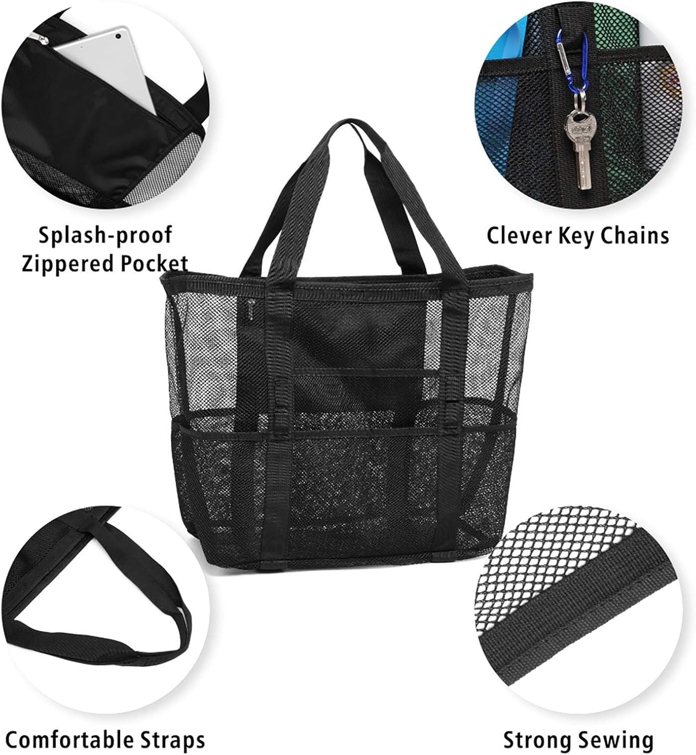 Mesh Beach Bag Family - Large Tote Bag 9 Pockets for Swim Pool Toys Cruise Beach Vacation Essentials