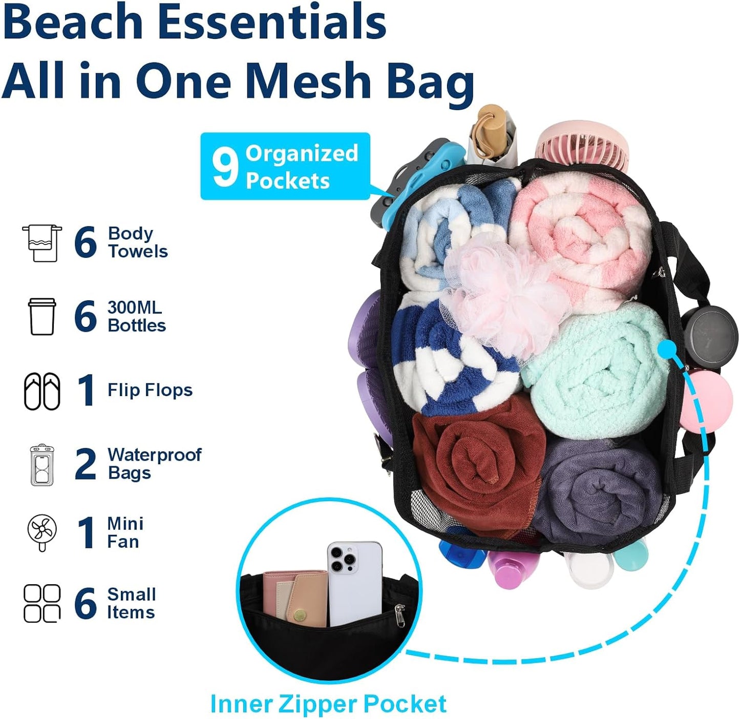 Mesh Beach Bag Family - Large Tote Bag 9 Pockets for Swim Pool Toys Cruise Beach Vacation Essentials