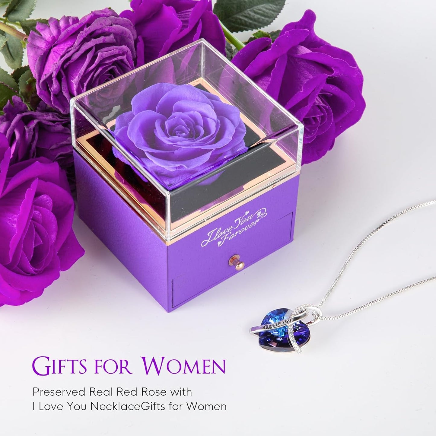 Preserved Real Rose with Heart Necklace, Eternal Flowers I Love You Gifts for Mom Grandma Wife Girlfriend on Mothers Day, Christmas, Valentines, Anniversary, Birthday Gifts for Women, Purple