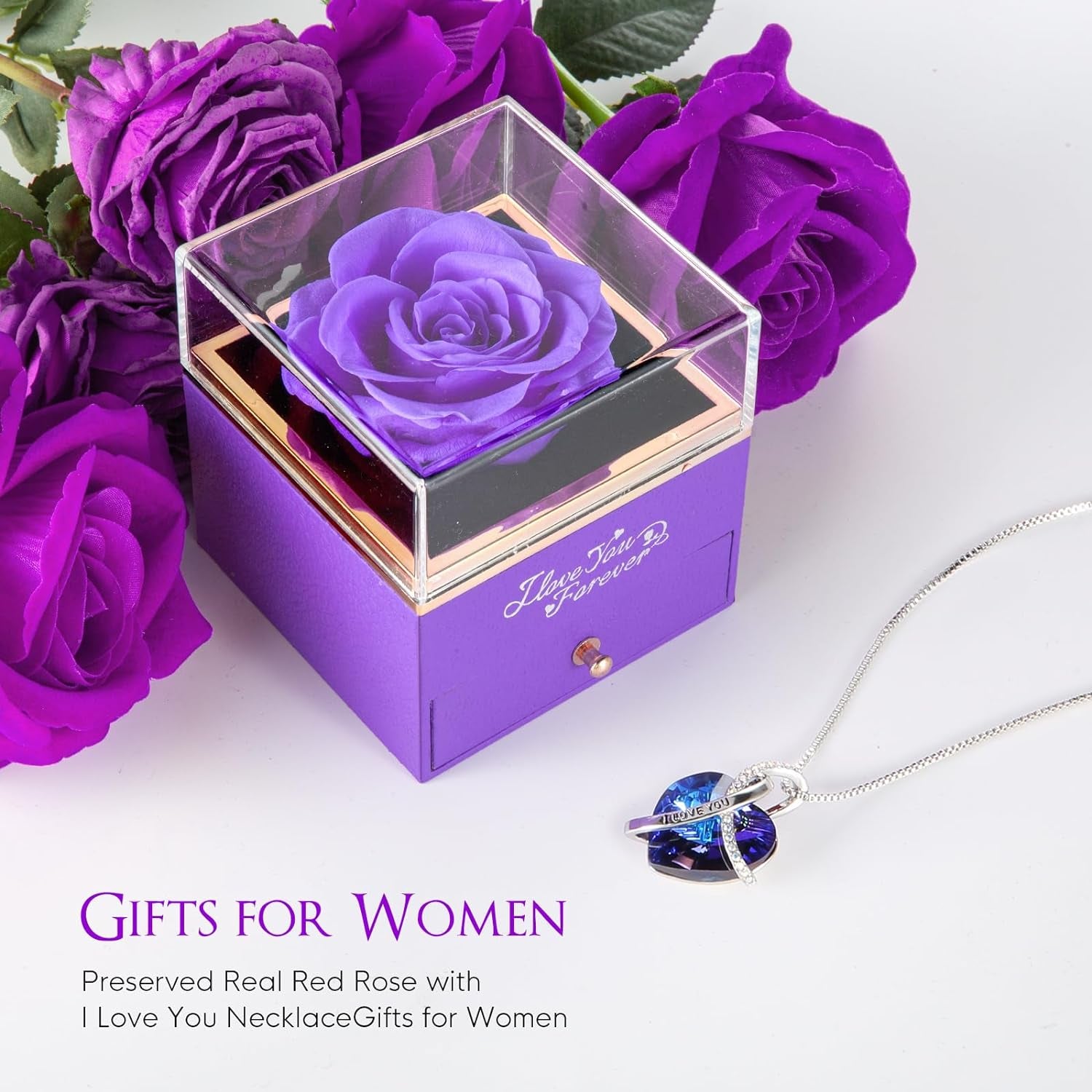 Preserved Real Rose with Heart Necklace, Eternal Flowers I Love You Gifts for Mom Grandma Wife Girlfriend on Mothers Day, Christmas, Valentines, Anniversary, Birthday Gifts for Women, Purple