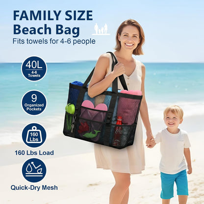 Mesh Beach Bag Family - Large Tote Bag 9 Pockets for Swim Pool Toys Cruise Beach Vacation Essentials