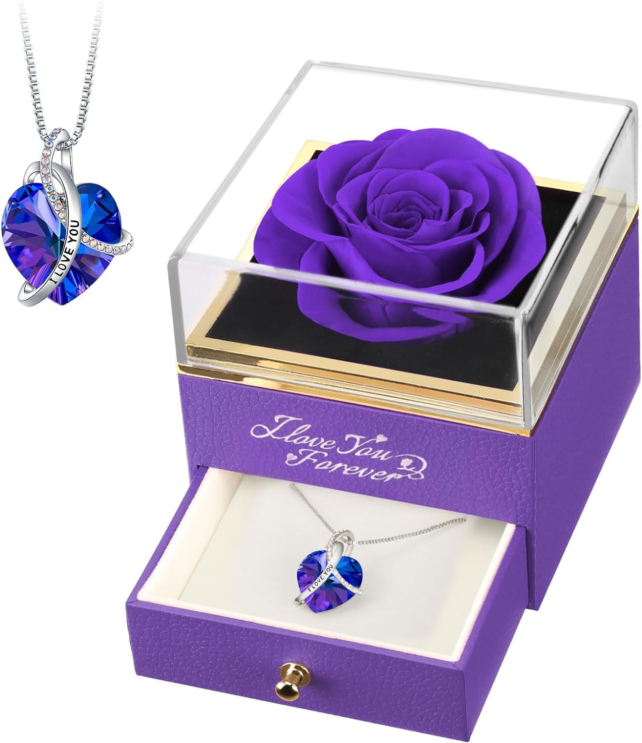 Preserved Real Rose with Heart Necklace, Eternal Flowers I Love You Gifts for Mom Grandma Wife Girlfriend on Mothers Day, Christmas, Valentines, Anniversary, Birthday Gifts for Women, Purple